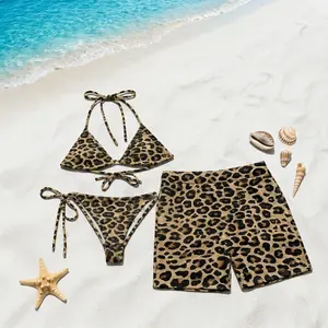 [HOT SUMMER 2026] Leopard Print Matching Couple Swimwear Set – Triangle String Bikini & Men’s Swim Trunks, Beach Vacation Honeymoon Outfit