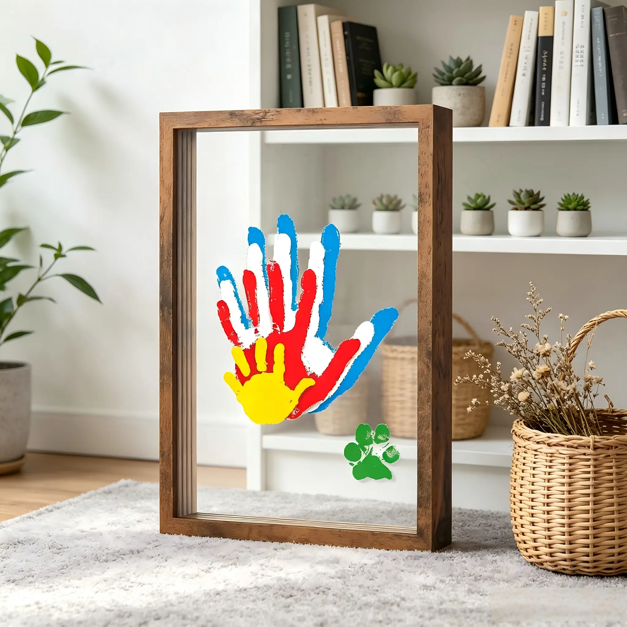 Customizable Wooden Handprint-Paw Print Memory Frame DIY Kit, Dustproof DIY Craft Keepsake Gift for Baby Shower, Home Table Decor Photo Frame (Home Supplies)
