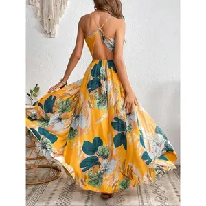 Women's Tropical Print Split Thigh Dress, Backless Hollow Out Design, Summer Vacation Perfect, Fitted Sleeveless Bohemian Boho Style