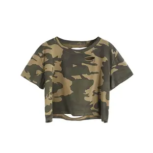Camo Print Ripped Crop Tee Cut Out Short Sleeve Crew Neck Summer Streetwear Outfits