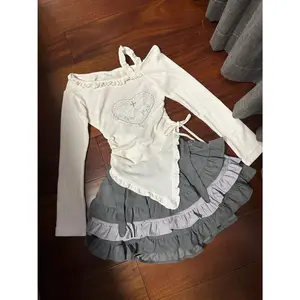 Kawaii Y2k Two Pieces Set Women Irregular Bandage Sweet Ruffle T-shirt + Aesthetic Patchwork Mini Cake Skirts Harajuku Suit