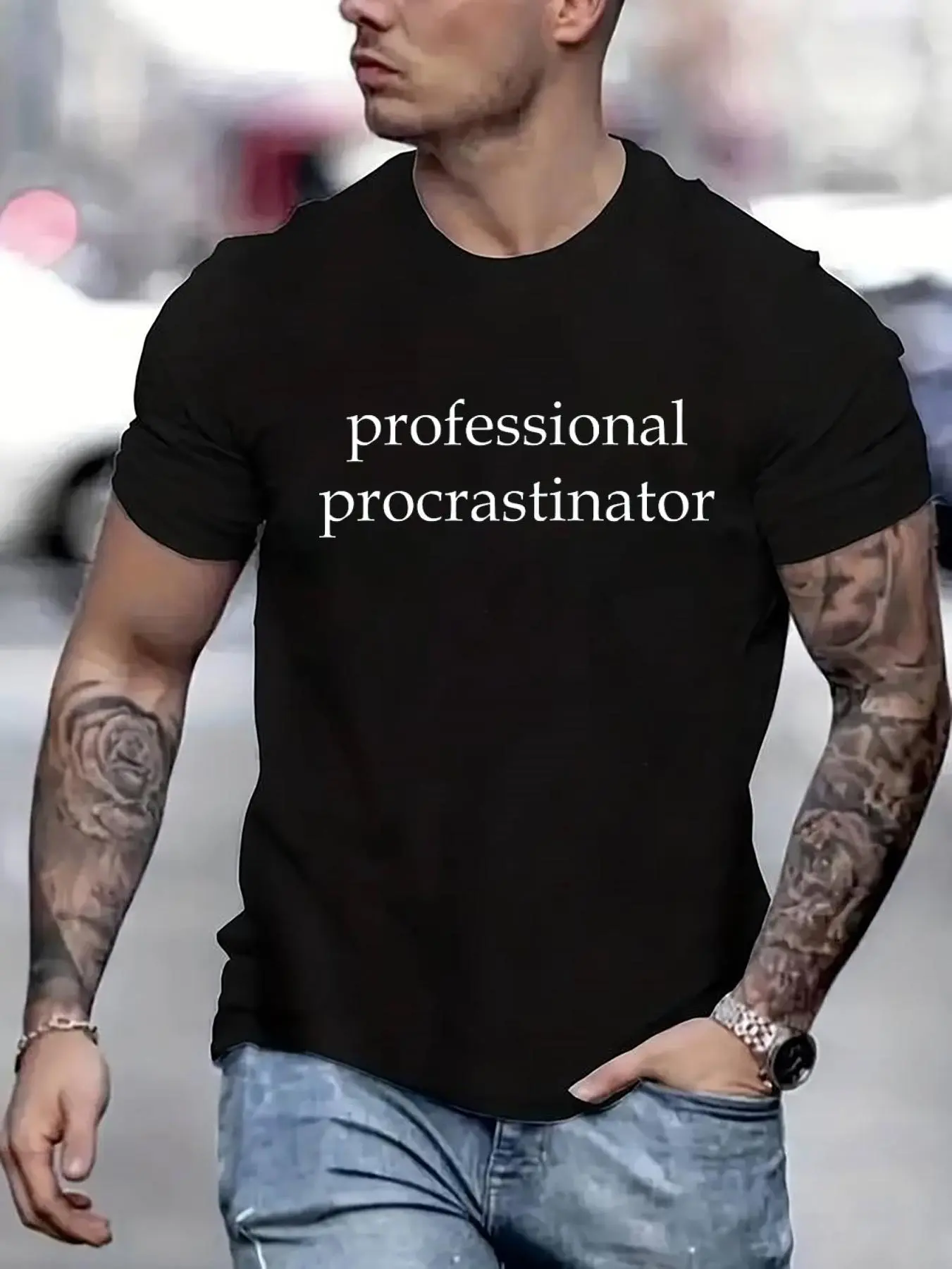 100% cotton Professional Procrastinator Printed T-shirt, Short-sleeved Crew Neck Casual Top, Suitable For All Seasons, Men's Wear