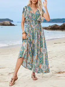 Women's Ethnic Pattern Split Hem Tie Back A Line Dress, Boho Butterfly Sleeve V Neck Long Dress for Beach Holiday Vacation, Ladies Summer Clothes