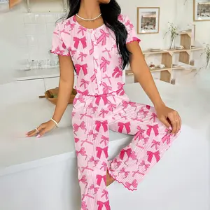 Casual and cute ladies' pajama set - pink bow pattern - round neck design - suitable for ladies to wear at home #pajamas#fyp#foryou