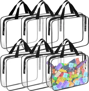 6 PCS Large Clear Makeup Cosmetic Organizer Bag Heavy-Duty PVC Tote Bags with Secure Zipper Handle Portable Waterproof Transparent Handbag Purse Travel Luggage Pouch