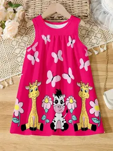 Cartoon Animal Print Girls' Halter Dress, Comfortable Breathable Holiday Tent Dress, Casual Summer Fashion, Kids Clothing