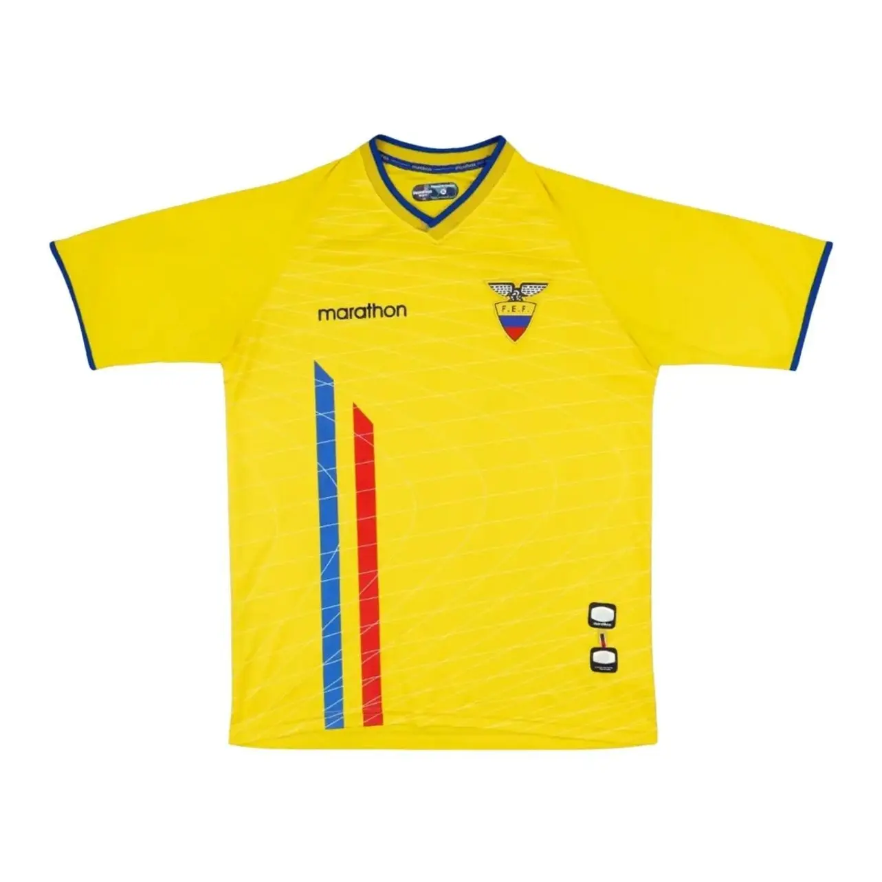 Ecuador Yellow Soccer Jersey Shirt, V Neck Short Sleeve Athletic Top with Blue Red Stripe Detail