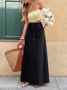 Women and Girls Minimalist Black Maxi Skirt High Waist Drawstring Soft Fabric Flowy Summer Vacation Skirt