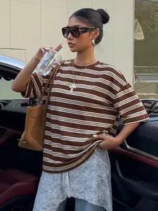 Women's Loose Crew Neck Casual T-Shirt, Brown & Light Blue Striped Minimalist Contrast Color Short Sleeve Tee, Breathable Summer Top for Daily & Commute