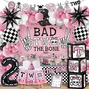Bad Two The Bone Birthday Decorations for Girl, Rock And Roll 2nd Birthday Decorations with Balloon Box Tablecloth Backdrop Banners Balloons Cake Cupcake Toppers for 2 Year Old Girl