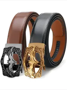 Bats Automatic Metallic Buckle Alloy Belts Men's High Quality Genuine Leather Belt Leisure Ratchet Waist straps for Men Pants Waistband Casual Waistband