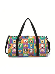 Cartoon puppy pattern printed large capacity travel duffel bag, portable storage bag
