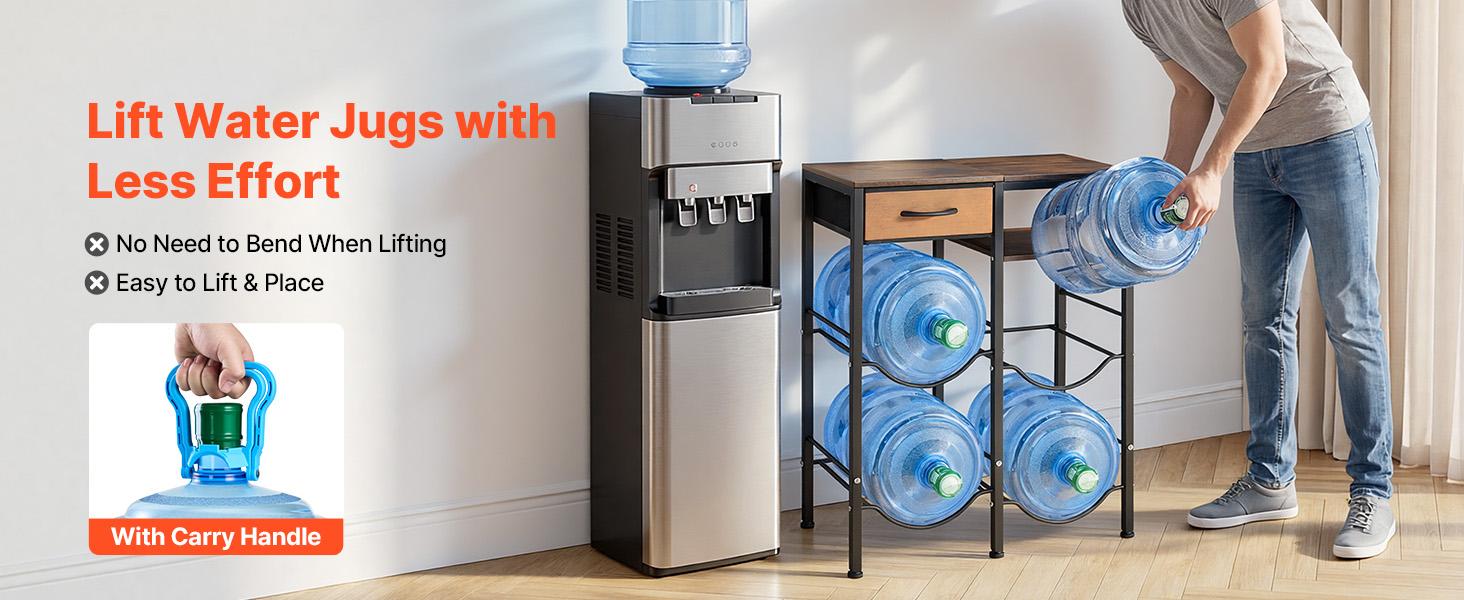 【summerfinds】VEVOR Water Jug Holder, 4 Tiers Double Rows 3 and 5 Gallon Water Bottle Holder for 4 Bottles, Heavy Duty Jug Rack Organizer with Storage Shelf and Drawer, for Kitchen, Living Room, Black and Brown