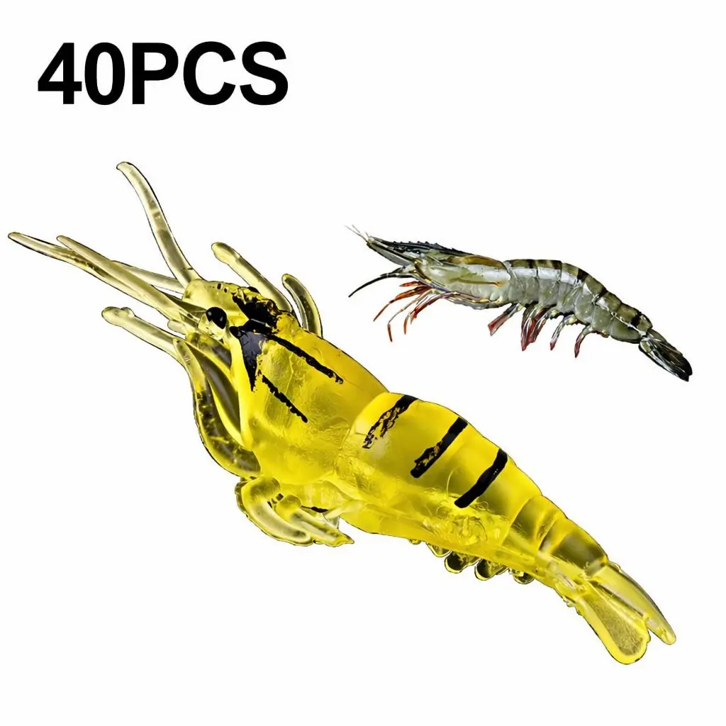 40pcs Soft TPE Shrimp Lures, Durable and Realistic Hooked Baits in a Box Set for Freshwater Bass & Catfish Fishing, Artificial Shrimp
