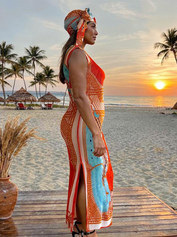 Women's Boho Style Long Robe Set, Moomoo Dress + Headscarf Scarf Hairband, All Season Beach Sun Protection Satin Silk Shawl