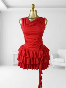 QFAF Red Ruffle Mini Dress for Women, Valentine’s Day 2026 Party Dress, Sleeveless Ruched Waist Fit & Flare Dress, Layered Skirt with 3D Rose Detail, Adjustable Back Tie, Soft Stretch Fabric, Sexy Date Night Club Dress for Birthday, Holiday, Summer