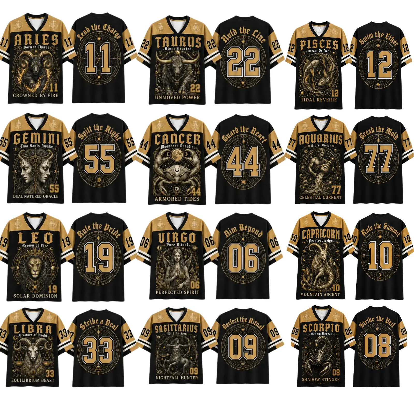 12 Mythical Zodiac Soccer Jersey, Gothic Astrology V-Neck Sports Shirt for Men and Women, Breathable Horoscope Couple Top, Aries to Pisces