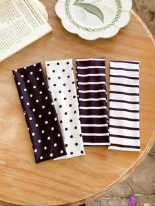 4pcs Dopamine Color Dot Stripe Wide Band Hair Bands Set, High Elasticity Vintage Fashion Sports Fitness Non-Slip Hair Ties, Elastic Headbands
