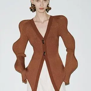 URBAN REVIVO Women's Solid Fashion Knit Cardigan Piece - Long Puff Sleeves, Bold V-Neck, Button-Front, Oversized Fit, Trendy Women's Clothes UWG930061 summerwins,summerwins