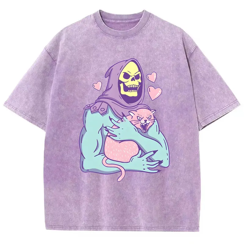 Urban Funny Skull Cat Unisex Summer outfits men streetwear 80s 90s graphic tees cotton funny washed tshirt men gifts