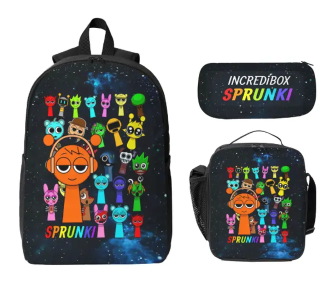 Sprunki Incredibox 3PCS Backpack Set, Galaxy Cartoon Character Kids School Backpack with Insulated Lunch Bag & Pencil Case