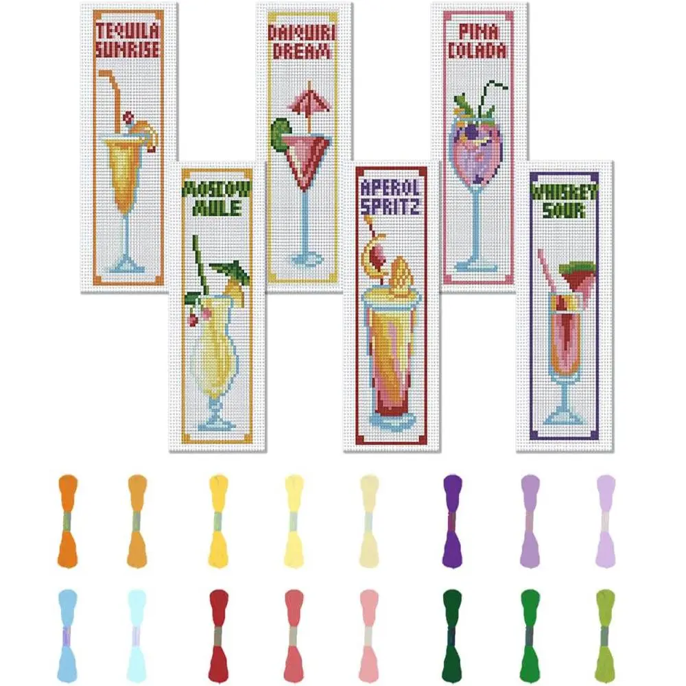 Cross Stitch Bookmark DIY Set, 6 Counts/set Various Beverage Pattern Prints, Cross Stitch Kit with Random Color Tools & Accessories, Embroidery Patterns, Hand Embroidered, Handmade Gifts, Handcraft