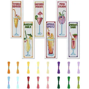 Cross Stitch Bookmark DIY Set, 6 Counts/set Various Beverage Pattern Prints, Cross Stitch Kit with Random Color Tools & Accessories