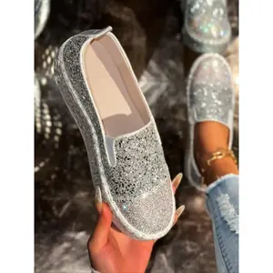 Women’s Fashionable Glitter Detail Slip-On Loafers, Casual Comfortable Thick-Soled Shoes for Everyday Wear, Perfect for Students and Outdoor Sports