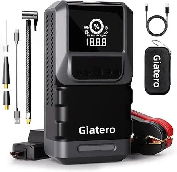 Giatero Q13 4000A Portable Car Jump Starter(10.0L Gas/8.0L Diesel) with Air Compressor 150PSI, 3 Flashlight Modes LCD Display.