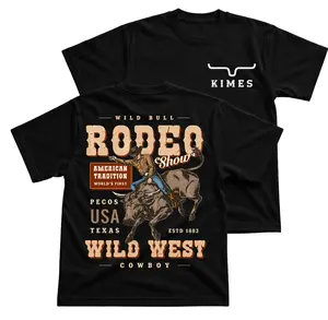 Kimes Ranch Wild Bull Rodeo T-Shirt, Western Ranch Graphic Tee, Cowboy Bull Riding Pecos Texas Wild West Back Print, Front Chest Logo And Large Back Print Tee, Black Rodeo Country Outfit Gift For Men And Women