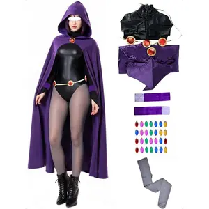 6PCS Raven Cosplay Costume Women's Halloween Raven Cosplay with Cape Belt Jumpsuit Tights Purple Uniform Suit