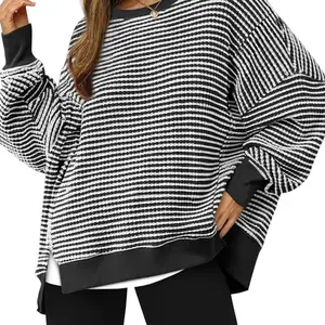 Women's autumn oversized sportswear, casual waffle knit long sleeved, round neck split style pullover top, comfortable and fashionable