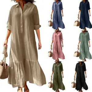 2026 New Cotton-Linen Long Irregular Dress with Shirt Collar and Twist Button, Casual Dress in Lazy Style, Cotton-Linen Turn-Down Collar Long-Sleeve Dress, Slimming and Flattering Casual Commuting Long Dress
