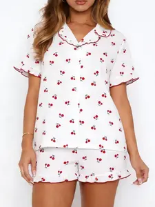 Women's Sweet Cherry Print Collar Short Sleeve Shorts Set, Textured Fabric, Casual Style, All Seasons, Fitted Fit, 2 Pieces