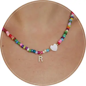Colorful Beaded Initial Necklace for Teen Women, Custom Letter Choker, Trendy Handmade , Adjustable  Beads,  for Ages 14+, Does Not Tarnish