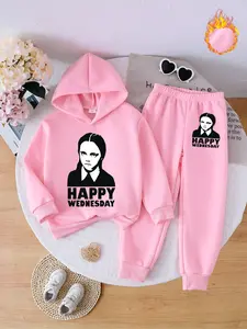 Fleece Hoodie Set, Wednesday Cartoon Print, Comfortable Casual Pants, Fall & Winter Warmth, Soft Inner Layer