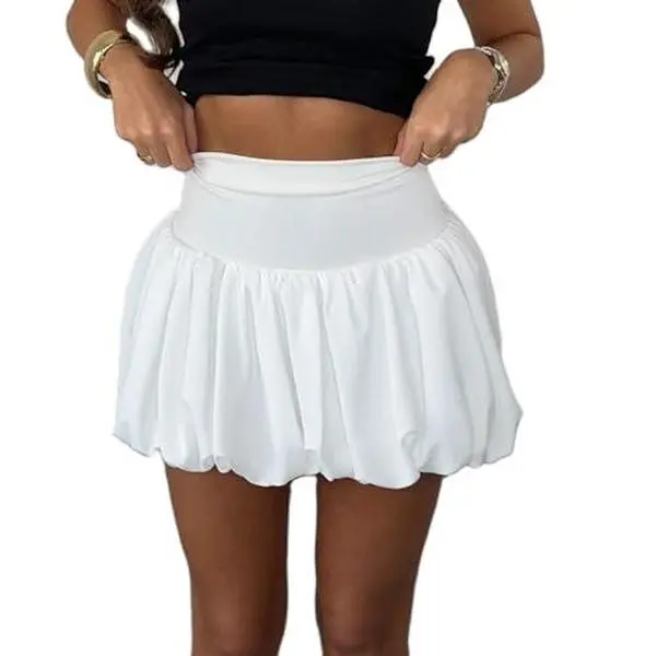 Women Y2k Bubble Skirt High Elastic Waist Ruffle Flared Mini Skirts Layered Pleated Balloon Puffy Short