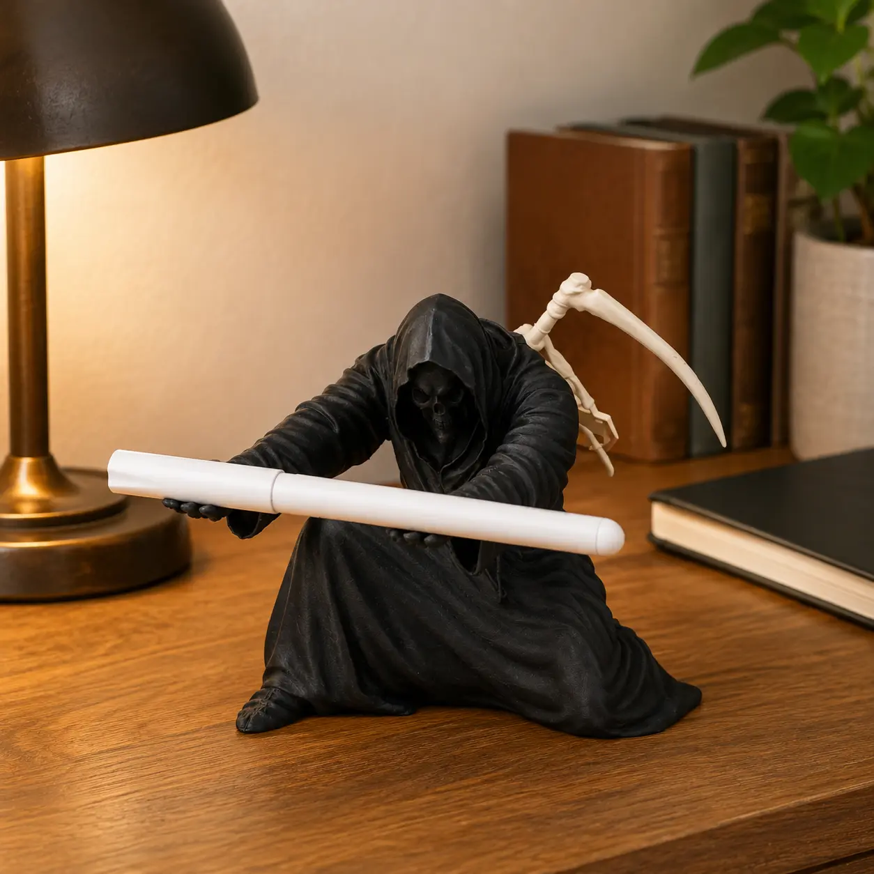 Grim Reaper Scythe Pen Holder Statue - Gothic Dark Fantasy Resin Figurine, Halloween Home Decor, Office Organizer, Office Accessories, Unique Gift for Horror Lovers, Gifts, Desk Accessories