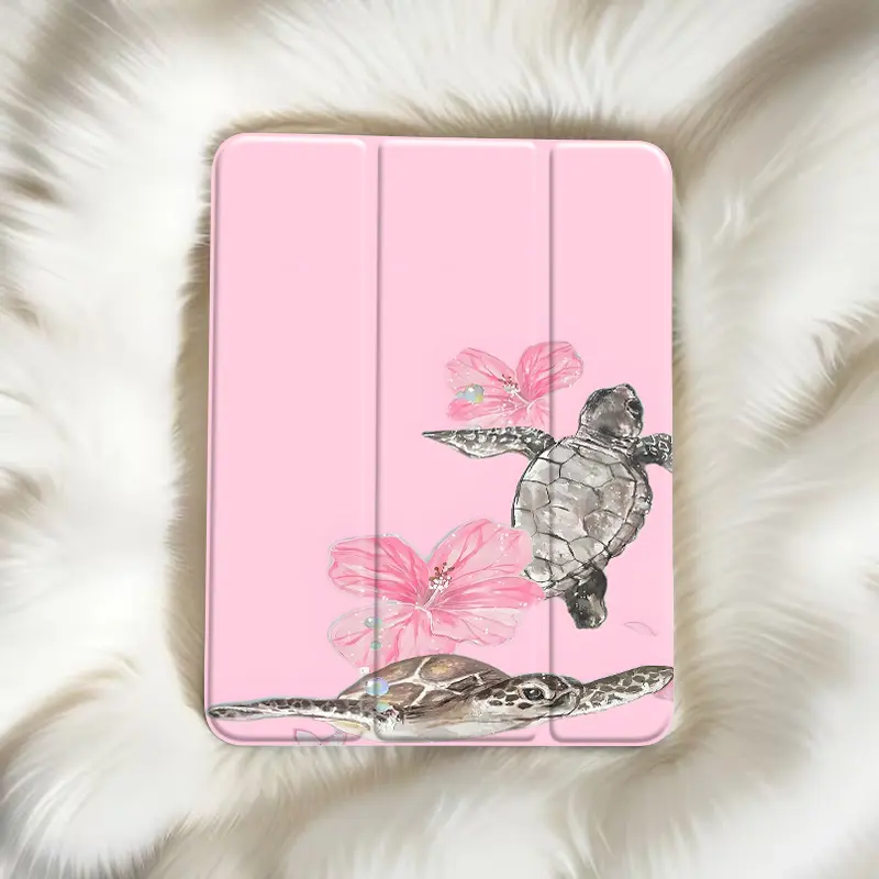 TPU Tablet Cover with Auto Wake/Sleep - Pink Flower Turtle Pattern, Adjustable Stand, Pen Slot, Foldable Anti-Slip Design, Compatible with iPad Mini, Air, Pro, 10th/11th Gen Series (Tablet Covers & Accessories)