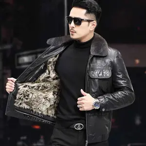 Haining Genuine Leather Men's First Layer Cowhide Short Shearling Jacket 2103-2 Tops Long Sleeve Graduation Outfits Warm Thickened Coats