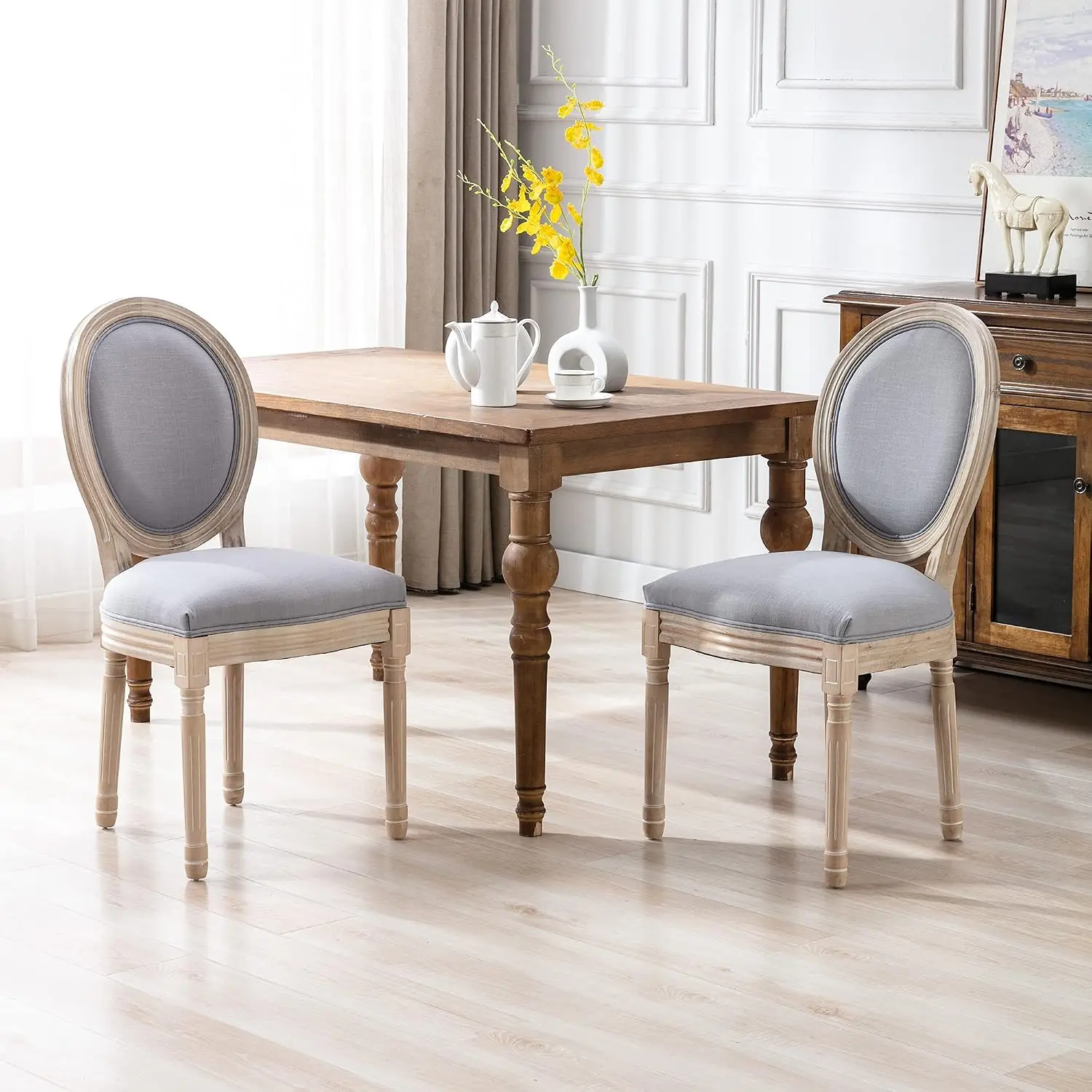 Set of 2 & 4, Grey Farmhouse Dining Room Chairs, Classic Linen Decorative Chairs With Round Linen Back And Distressed Wood Frame, Retro Upholstered Dining Room Chairs For Dining Room, Living Room, Bedroom, Kitchen, Apartment, Lounge