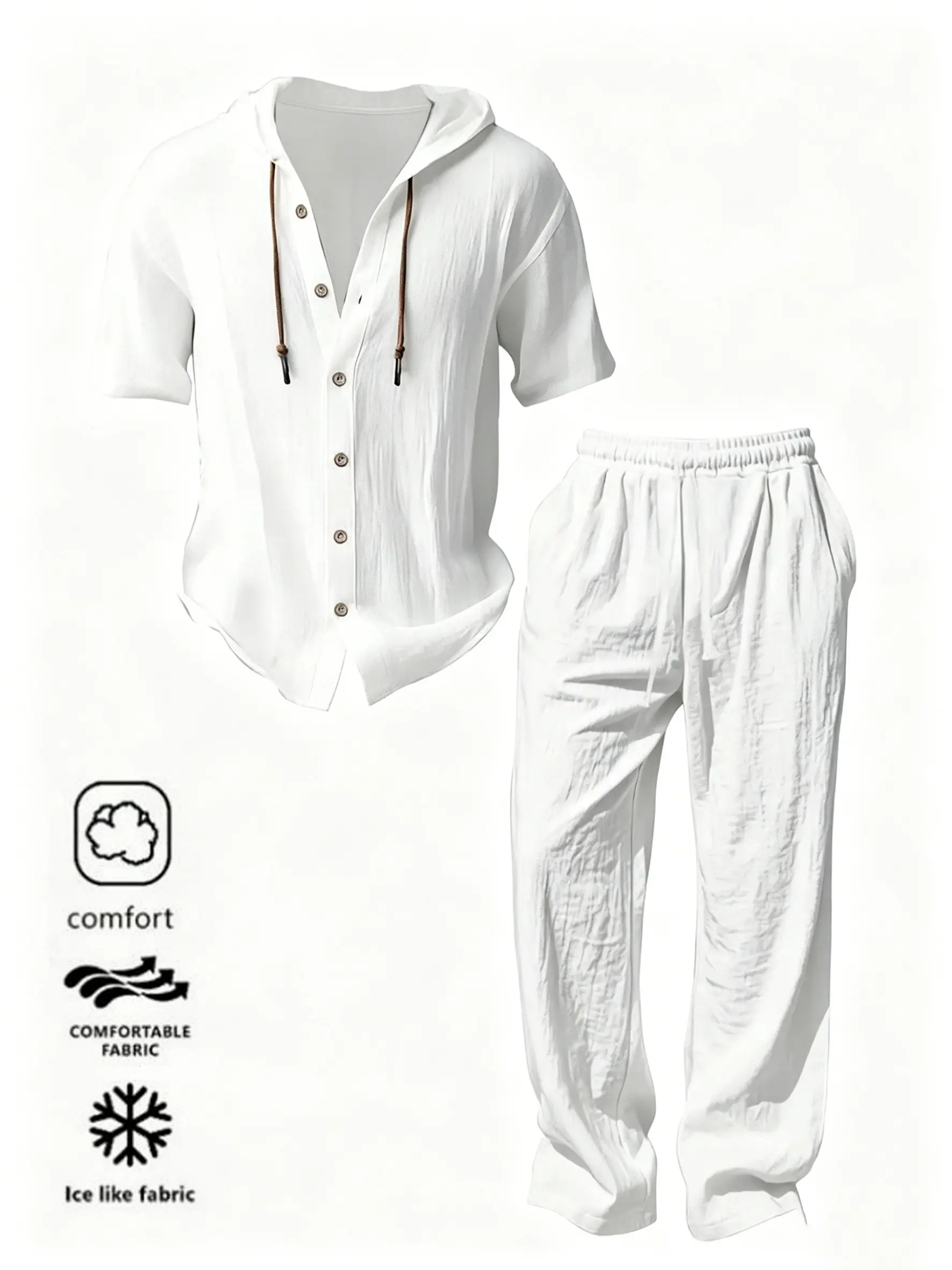 Men’s summer cooling breathable fabric set: drawstring hooded short-sleeve top and loose straight-leg pants; comfortable cotton–linen vacation set