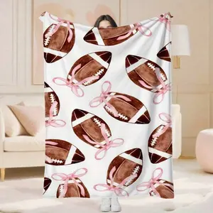 Modern Flannel Blanket with Cartoon Football & Pink Bow Pattern Multicolor Skin Friendly Warm for Living Room & Bedroom All Seasons Personalized Photo Lalola Blush Teen Decor Coquette Micro Fleece Air Conditioning lola Gift Funny Face birthday celebration