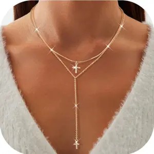 CASSIECA Dainty Gold Layered Necklace for Women 14K Gold Plated Y Necklace & Chain, Dainty Lariat Long Necklaces, Trendy Cubic Zirconia Choker, Sun, Heart, Pearl & Cross Pendant Necklace, Jewelry Gift