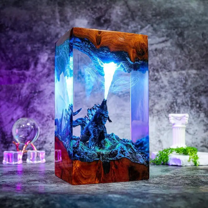 3D Handmade Eco-Friendly Godzilla Resin Lamp - LED Light Base Bedside Table Night Light, Atomic Breath Diorama, Father's Day Birthdays Desk Art Gift, Collectible Decor, 3D Handmade Resin Lamp
