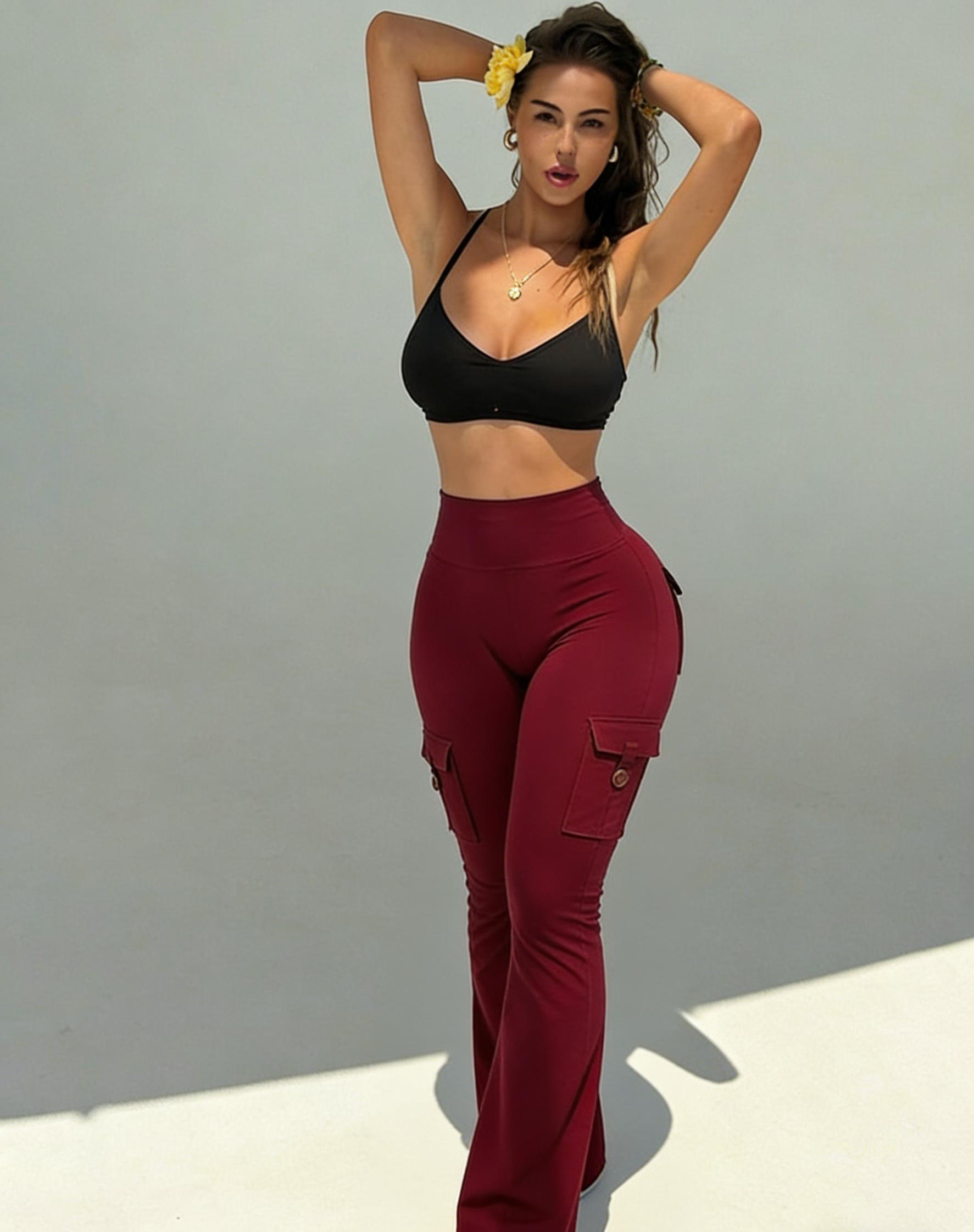 Women's High Waisted Flare Leggings with Hidden Scrunch & Pockets, No Front Seam Cargo Yoga Pants for Workout Fitness