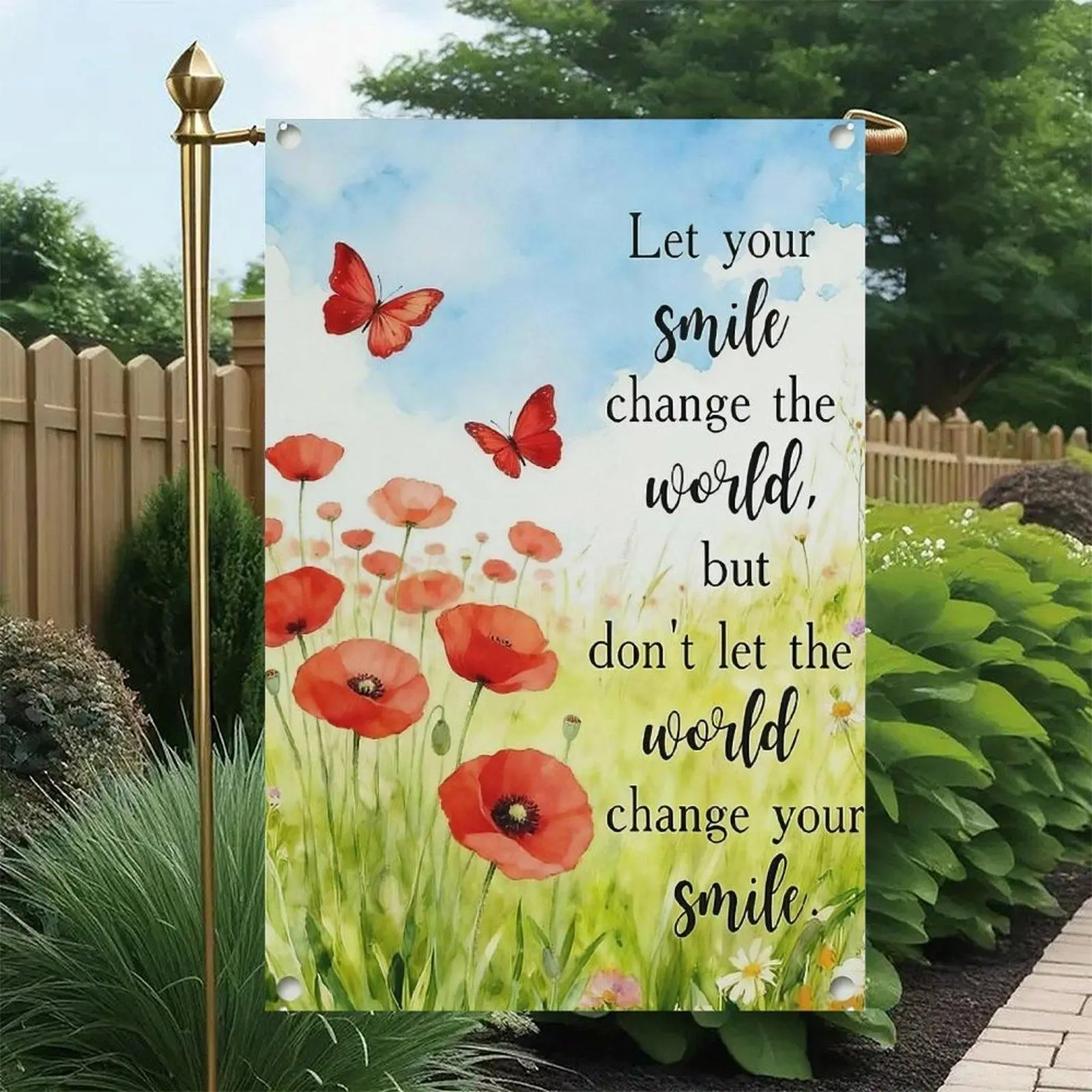 Watercolor Red Poppy & Butterfly Inspirational Quote Garden Flag - 12x18in Double-Sided Watercolor Festive Flag, Encouragement Patio Sign for Home Outdoor Decor, Watercolor Festive Flags