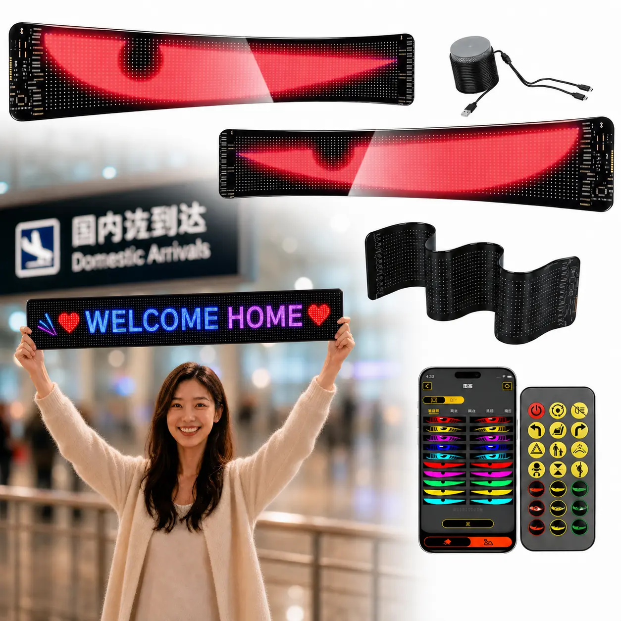 Quplavo Flexible LED Sign Board - 5V USB-Powered 5v Power LED Matrix Display Panel, App-Controlled Programmable Bendable Screen, DIY Custom Text/Emojis for Airport Pickup, Welcome Displays (23.42x4.72in)