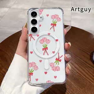 Magnetic Phone Case Supports Wireless Charging Case for  Samsung Galaxy S23 Ultra S24 Plus FE S25 S22+ Tulip Love Pattern Non-Yellowing Shockproof Clear Slim Protective Softcase Transparent Acrylic Large Hole Cover