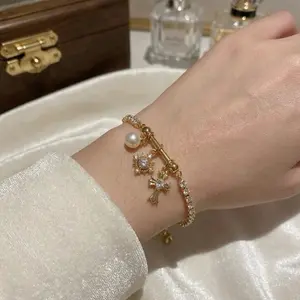 Snowflake Cross Women's Bracelet Gold & Silver Dainty Zircon Stainless Steel Adjustable Elegant Design with Pearl Detail Perfect Gift